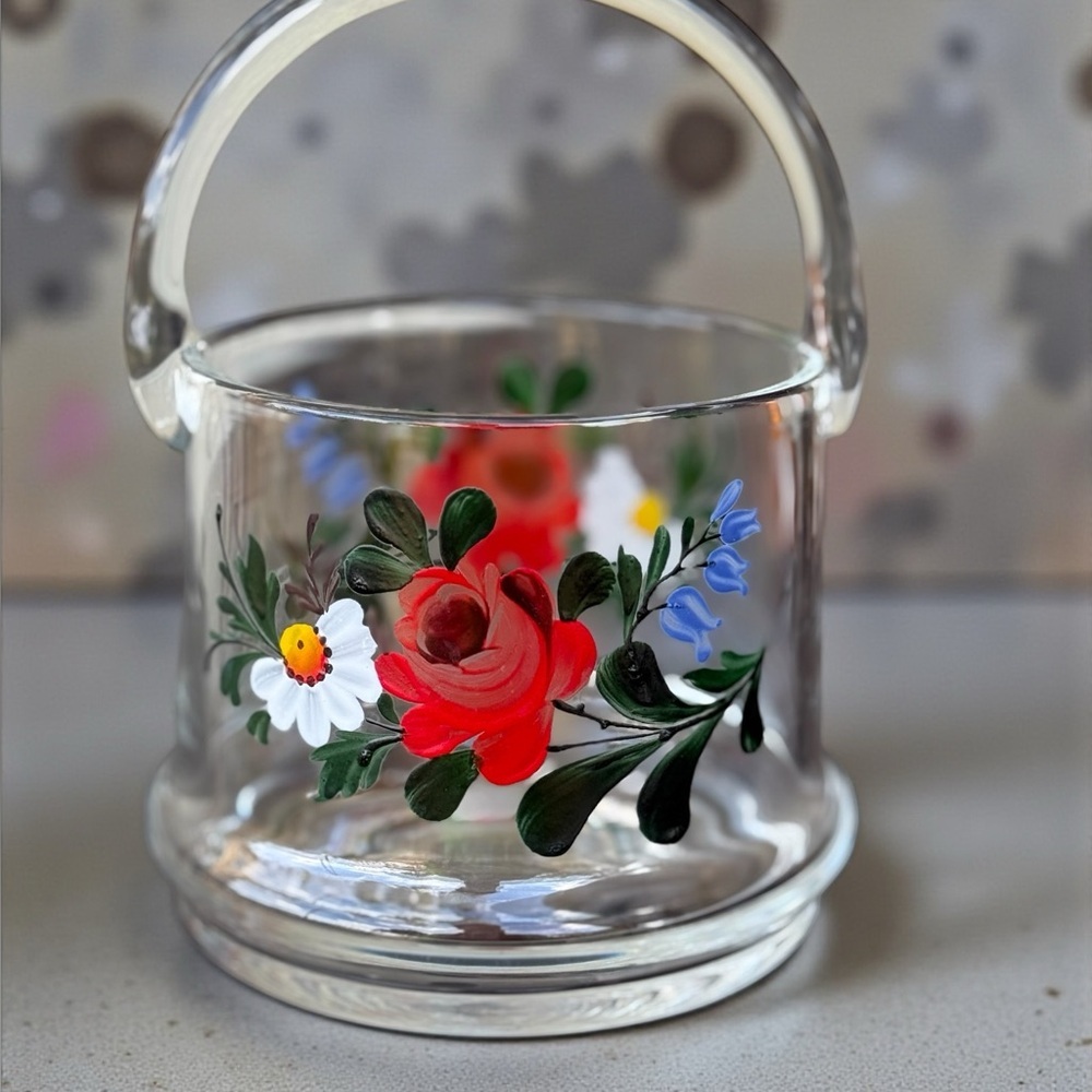 Royal Danube Hand-Painted Clear Glass Basket w/ Handle Floral Rose Daisy